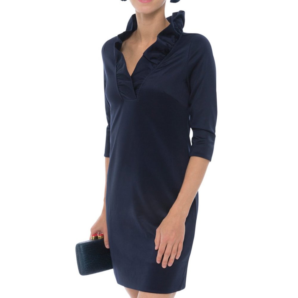 Gretchen Scott Navy Ruffle Neck Dress Elbow Sleeve